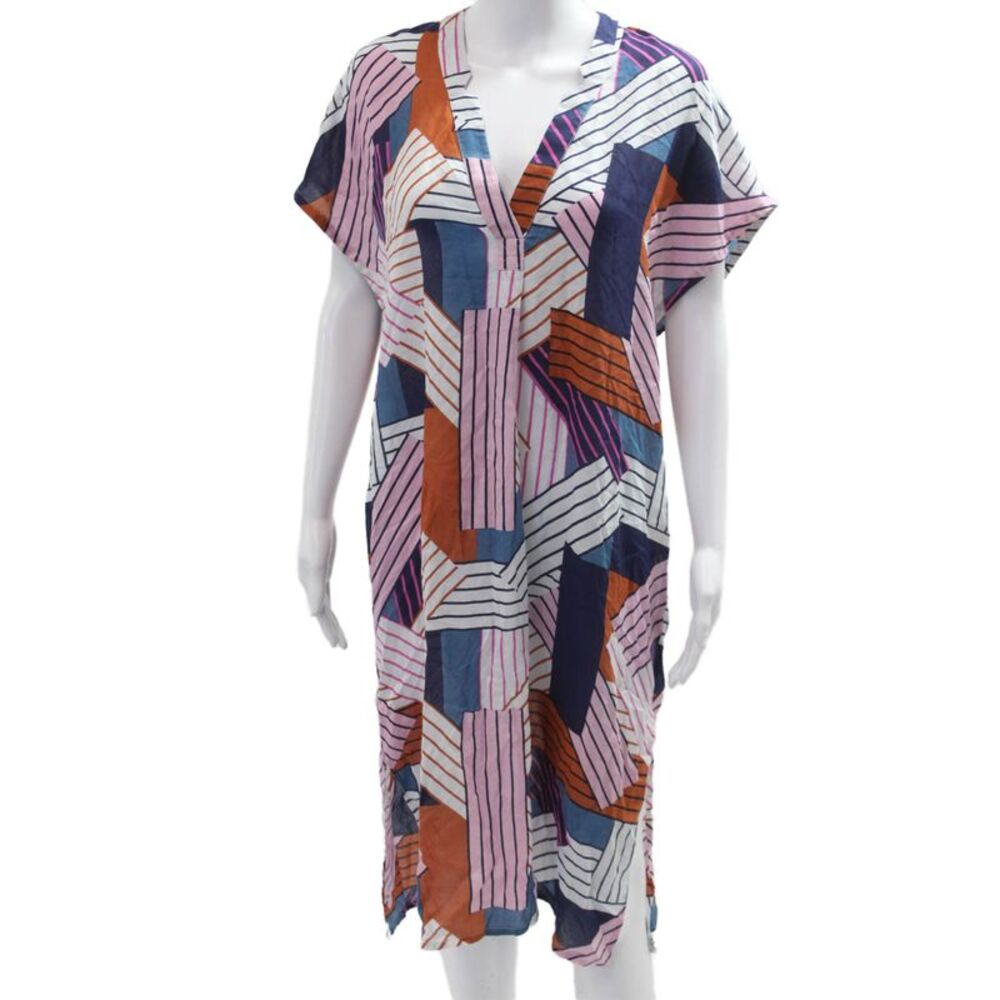 Cooper & Ella Womens Blue V-Neck Kaftan Geometric Mid-Calf Short Sleeve Size S